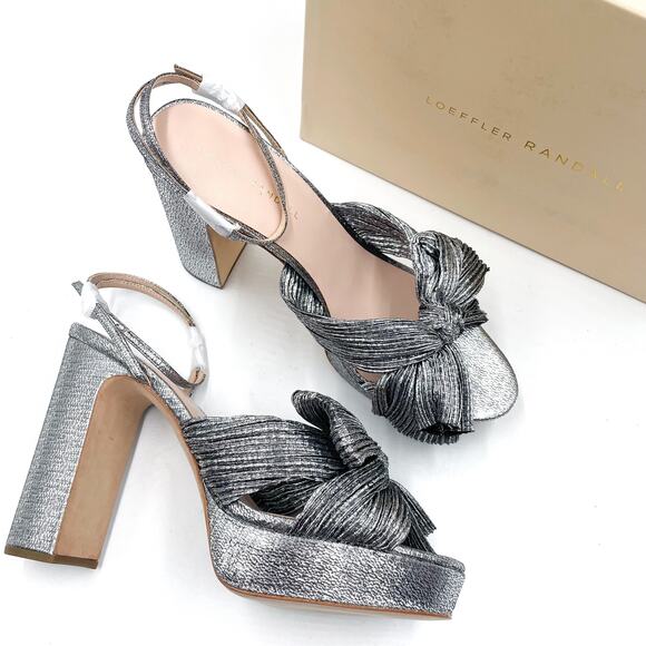 Loeffler Randall‎ Natalia Platform Sandals Dasil Silver Bow Block Heels Sz 10.5 - Picture 1 of 10